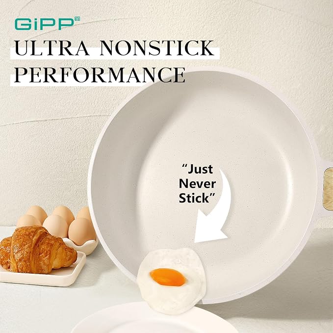 GiPP Nonstick Frying Pan Skillet - 11" White Granite Non Stick Pans, Omelette Pan with Heat-Resistant Handle, Compatible with All Stovetops, PFOA Free