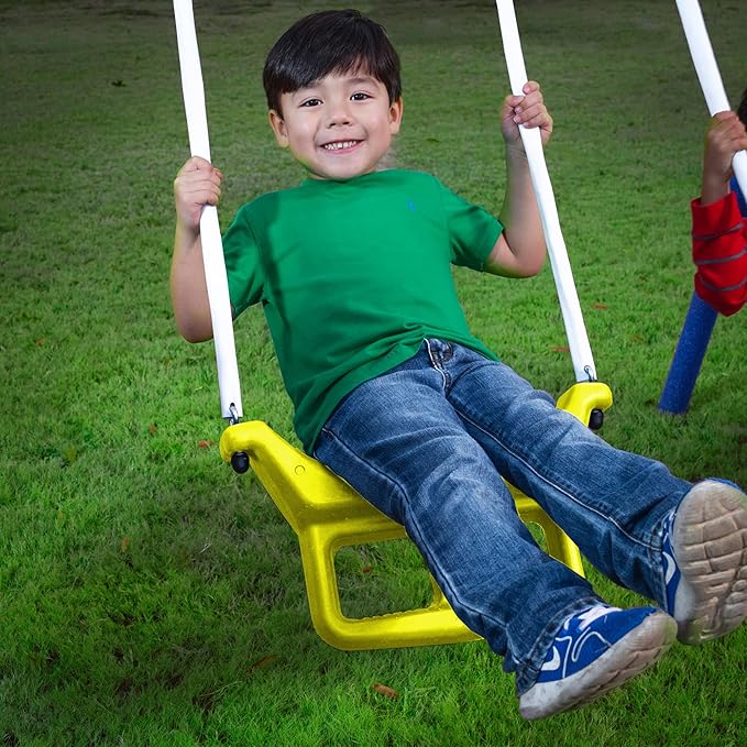 XDP Recreation Rising Sun Playground Metal A Frame Kids Swing Set with Outdoor Backyard Playset with Slide, See Saw, Glider, and Swings, Yellow