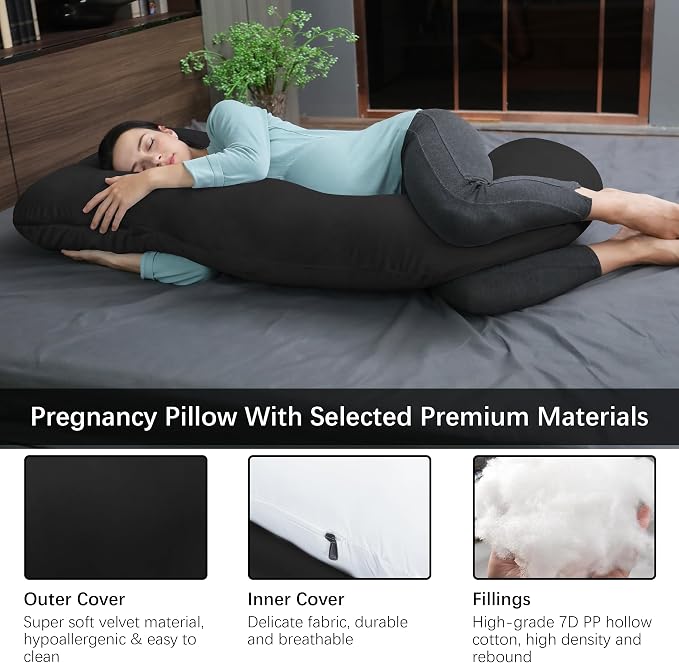 MOON PARK Pregnancy Pillows for Sleeping - U Shaped Full Body Maternity Pillow with Removable Cover - Support for Back, Legs, Belly, Hips - 57 Inch Pregnancy Pillow for Women - Black