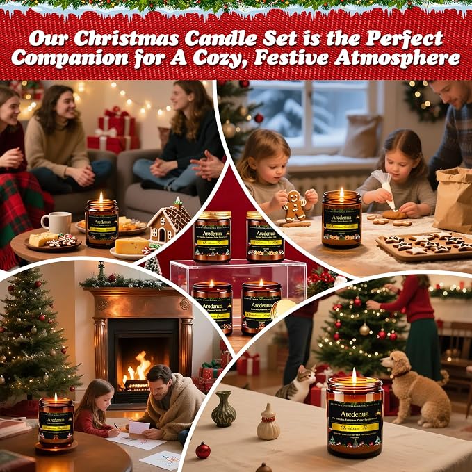 Christmas Candles Set | 4 Pack Holiday Scented Candle - 28oz Soy Candles for Home Scented - Seasonal Candle Gifts for Women and Men - Xmas Scents of Fir/Spices/Cookies/Fireplace