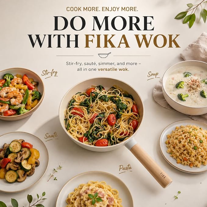 FIKA 10-Inch Nonstick Ceramic Coated Flat Bottom Wok Pan with Natural Wooden Handle, Induction Compatible, Deep Stir Fry Cooking Pan, Made in Korea (26cm)