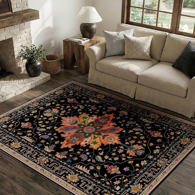 RELEANY Area Rugs 4'x6' Washable Non-Slip, Floral Vintage Distress Medallion Carpet for Living Room Bedroom Dining Room, Black Colorful Floral Dark Tan