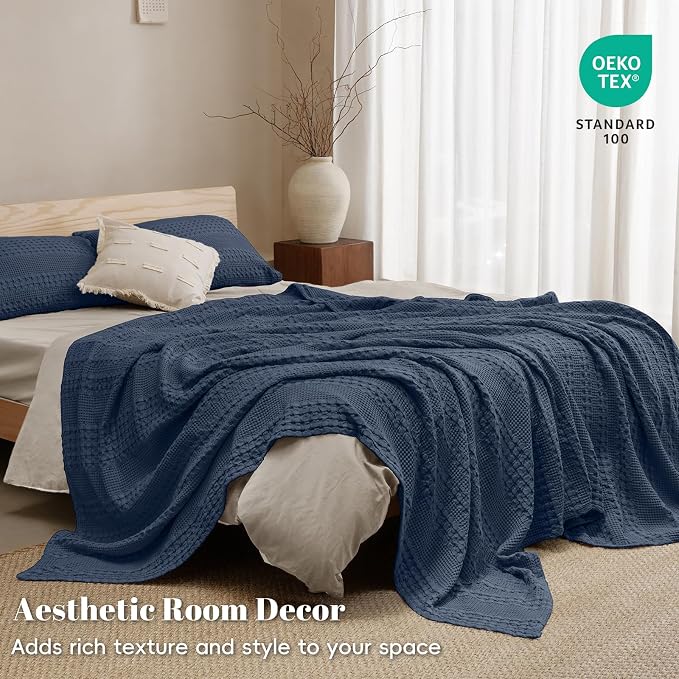 PHF 100% Cotton Waffle Weave Blanket Queen Size, Lightweight Breathable Summer Blanket for Hot Sleepers, Pre-Washed Soft Layer for Bed, Couch, Aesthetic Home Decor & Gift, 90"x90", Indigo