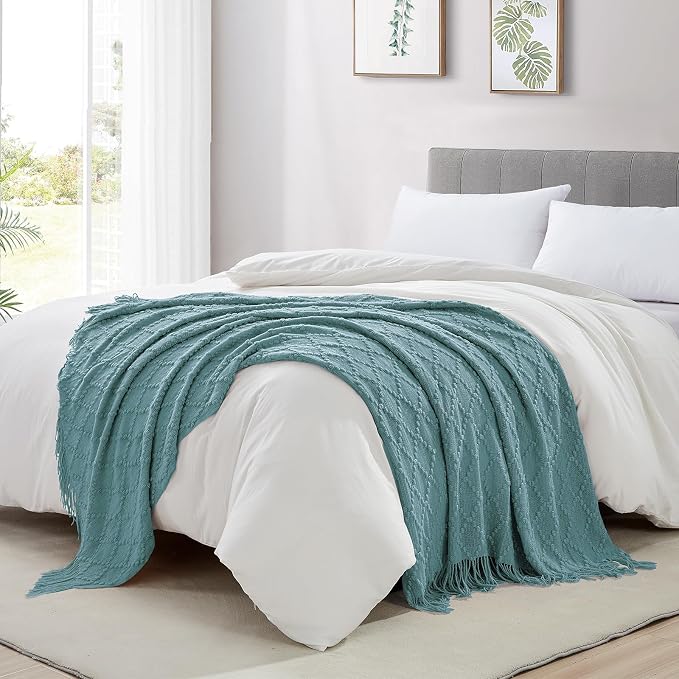 BOURINA Blue Throw Blanket 50 x70 Inch Jacquard Throw Knitted Blanket | Jacquard Argyle Throw Textured Solid Soft Throws and Blankets for Sofa or Bed Knitted Decorative Blanket