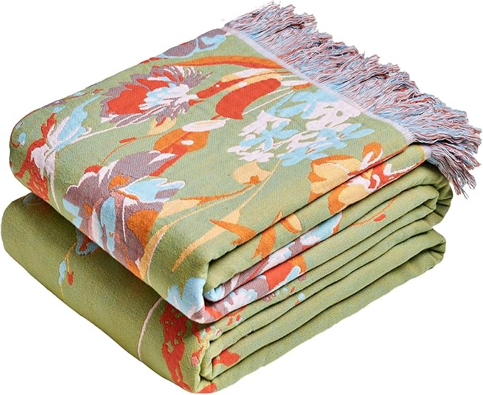 MSGKV Boho Throw Blanket 90"x108" 100% Cotton Flower Butterfly Blanket King | King Size Cotton Throw, Flower Butterfly Design, Reversible Woven, Summer Breathable, Farmhouse Home Decor, Machine Washable