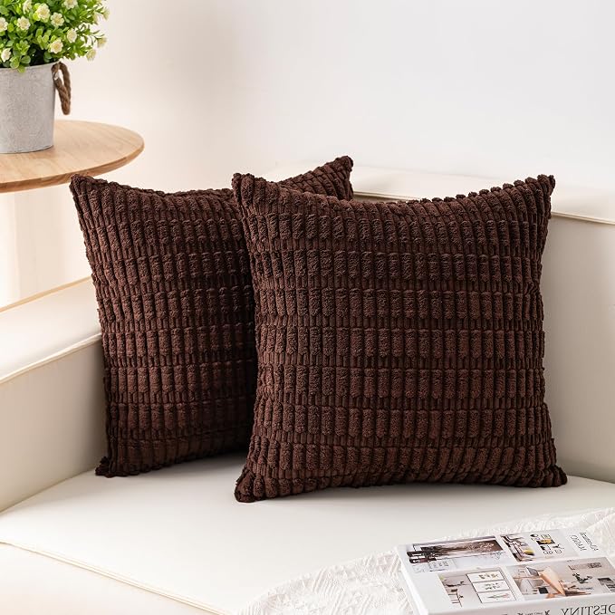 Pack of 2 Corduroy Decorative Throw Pillow Covers 20x20 Inch, Dark Brown | Fall Soft Striped Pillow Covers Modern Farmhouse Home Decor Christmas Throw Pillow Covers for Sofa Living Room Couch Bed