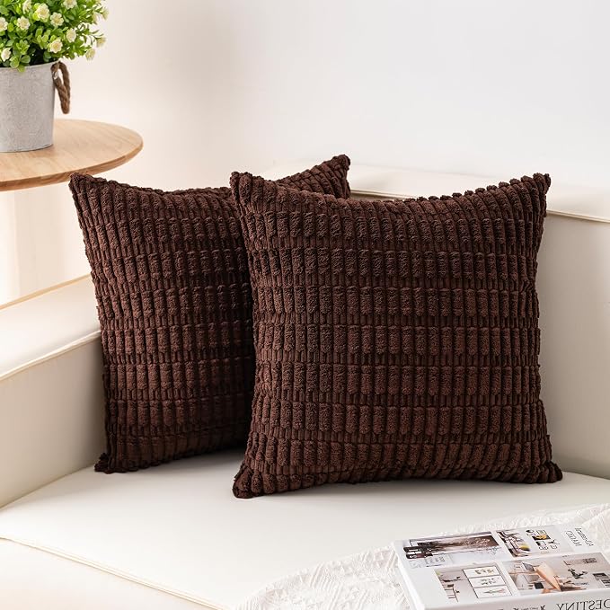 Pack of 2 Corduroy Decorative Throw Pillow Covers 18x18 Inch, Dark Brown | Fall Soft Striped Pillow Covers Modern Farmhouse Home Decor Christmas Throw Pillow Covers for Sofa Living Room Couch Bed