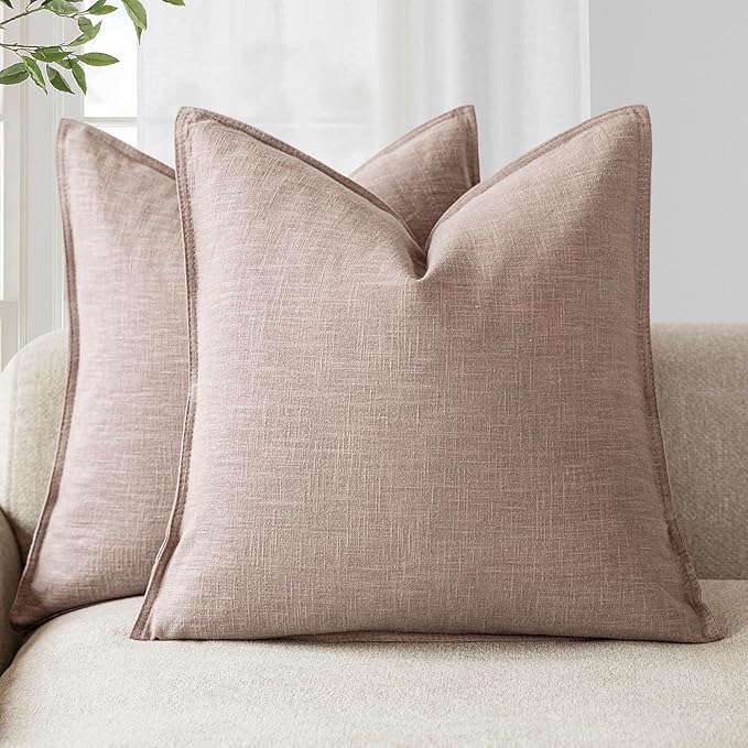 Foindtower Set of 2, Decorative Linen Solid Throw Pillow Covers Soft Accent Euro Cushion Case Boho Farmhouse Pillowcase for Chair Couch Sofa Bedroom Living Room Home Decor 16 x 16 Inch Dusty Pink