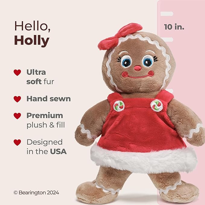 Bearington Holly Ginger Gingerbread Plush, Gingerbread Stuffed Animal, 10 in Christmas Doll, Ideal Christmas Stuffed Plush Gift for Toddlers, Kids & Teens, for Ages 3-14
