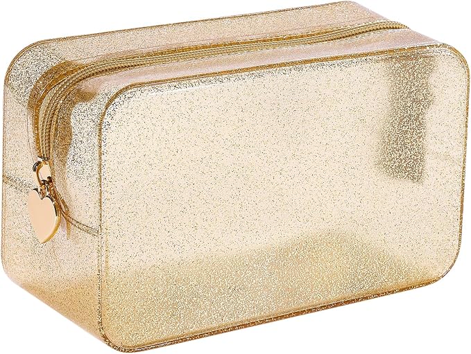 RSRSLEII Stardust Twinkle Jelly Travel Makeup & Toiletry Bag, Waterproof PVC Cosmetic Bag/Case for Women，Zipper SPF Beach Bag for Sunscreen Skincare and Daily Essentials (10Gold)