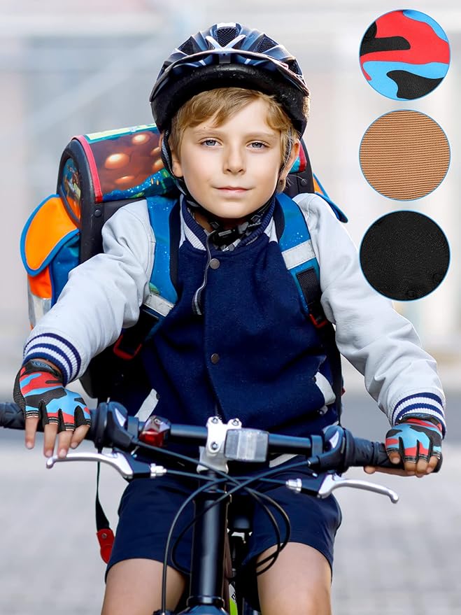 Boao 3 Pairs Kids Half Finger Bike Gloves Non-Slip Breathable Adjustable Birthday Gift for Boys Girls for Bike Workout