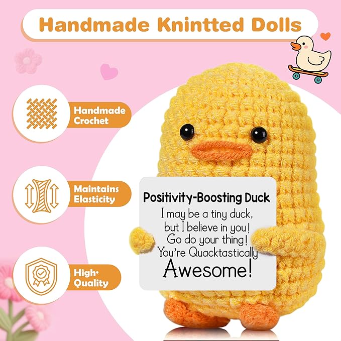 Positive Affirmation Companion Crochet Duck, Inspirational Crochet Animals Stress Anxiety Relief Toys, Handmade Mental Health Gifts for Women Men, Cute Desk Decor for Friends Coworkers Birthday