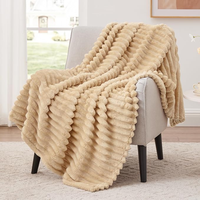 EXQ Home Fleece Blanket Twin Size for Couch or Bed - 3D Stripe Jacquard Decorative Blankets - Cozy Soft Lightweight Fuzzy Flannel Blanket Suitable for All Seasons(60"×80",Camel)