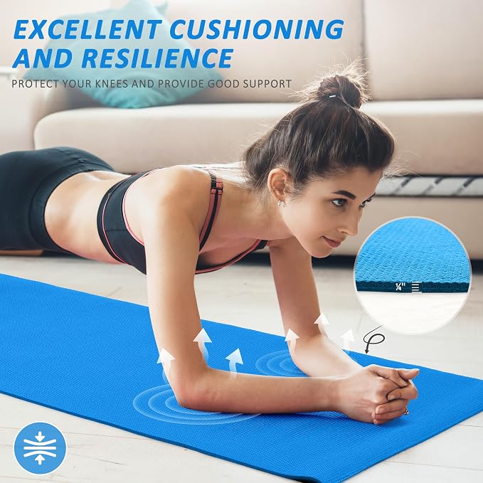 Signature Fitness All Purpose 0.25 Inch Thick High Density No Tear Exercise Yoga Mat with Strap & Lightweight Features for Indoor & Outdoor Use, Blue