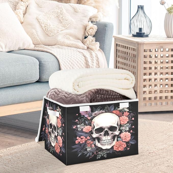 Skull Storage Bins with Lids and Carrying Handle,Foldable Storage Boxes Organizer Containers Baskets Cube with Cover for Home Bedroom Closet Office