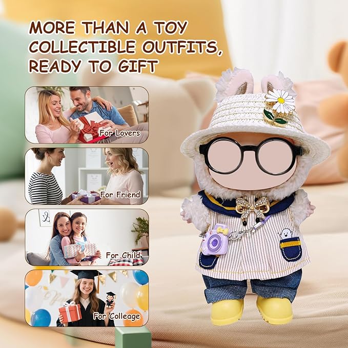 17cm Doll Clothes Set (6-Pcs Outfit), Stylish Clothing for Bunny Doll with Top, Pants, Shoes & Accessories, Just Clothes