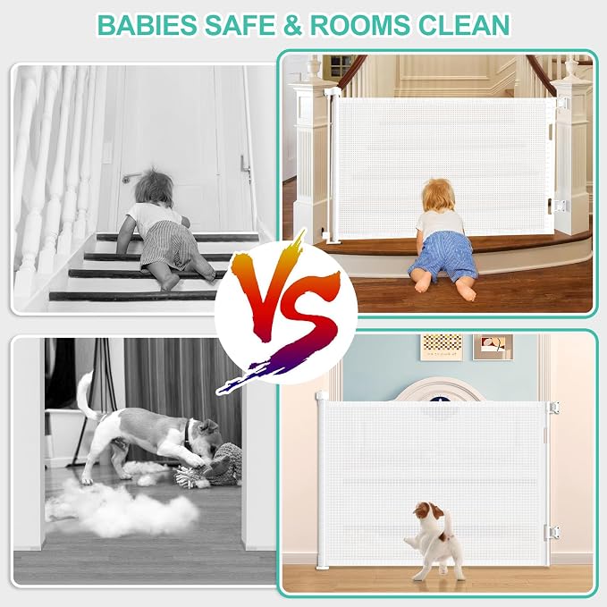 EZIGO Retractable Baby Gates Extra Wide Baby Gate for Large Opening Extra Long Mesh Gate for Kids or Pet Dog Gate Child Safety Gate for Stairs Hallways Doorway Indoor Outdoor (White, 41" X 55")