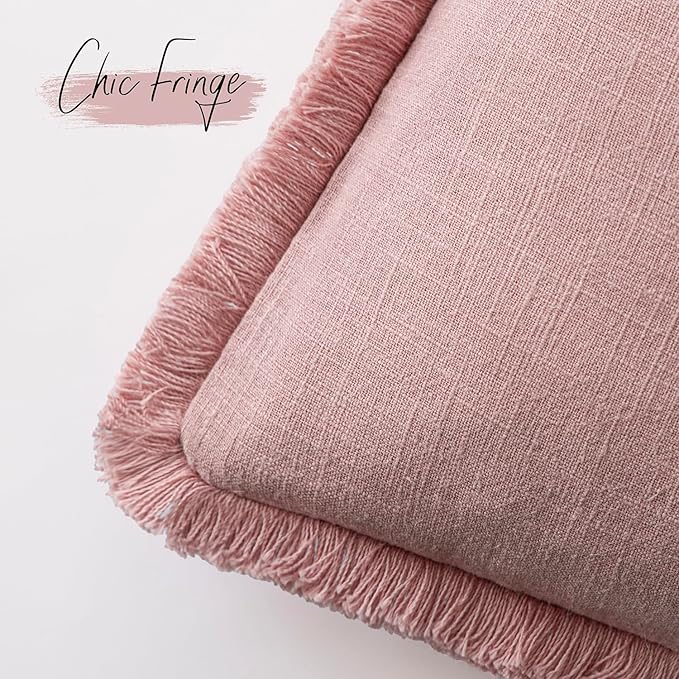 Foindtower Set of 2 Decorative Linen Fringe Throw Pillow Covers Cozy Boho Farmhouse Cushion Cover with Tassels Soft Accent Pillowcase for Couch Sofa Bed Living Room Home Decor,24×24 Inch,Rose Pink