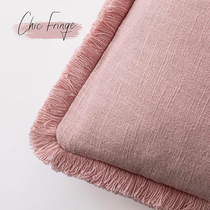 Foindtower Set of 2 Decorative Linen Fringe Throw Pillow Covers Cozy Boho Farmhouse Cushion Cover with Tassels Soft Accent Pillowcase for Couch Sofa Bed Living Room Home Decor,22×22 Inch,Rose Pink