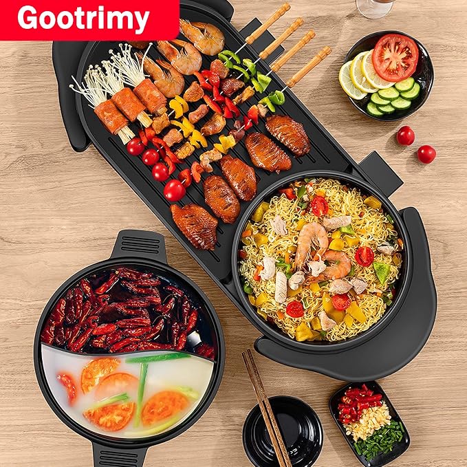 Hot Pot with Grill, Electric Hot Pot 2 in 1 Shabu Shabu Hot Pot Korean BBQ Grill, Removable Hotpot Pot 1200W / Large Capacity Baking Tray, Separate Temperature Control, Electric Grill for 2-12 People