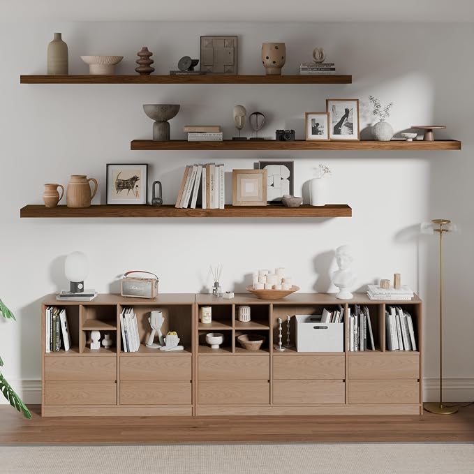 ROGMARS 72 Inches Long Walnut Floating Shelves | Rustic Solid Wood Farmhouse Wall Shelves with Invisible Brackets for Bathroom, Living Room, Bedroom, Kitchen Set of 3