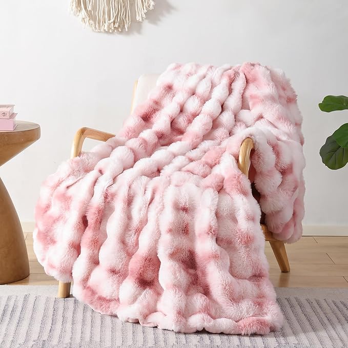Faux Fur Throw for Couch - Tie-dye Pink Bubble Blanket 60"x80" | Fluffy Plush Fuzzy Throw for Sofa & Bed, Super Soft Cozy Comfrt Blanket, Luxury Aesthetic Pink Decor Gift for Women