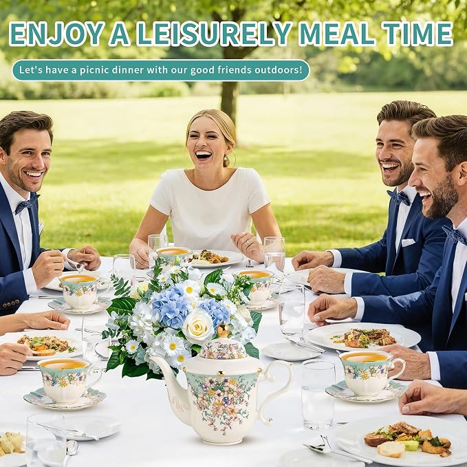 TATSUMI Country Roses Porcelain Tea Set, European Ceramic tea set for adults,Vintage Style, For Women and Tea Parties (Dutch Blue, 13 Pieces Set)