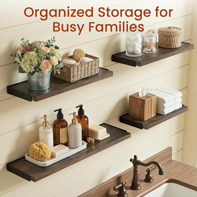 BAYKA Wall Shelves for Bathroom Decor, Floating Wall Shelves for Living Room Kitchen Storage, Mounted Rustic Wood Floating Shelves for Kids Books, Corner Shelf for Bedroom(Rustic Brown，Set of 4)