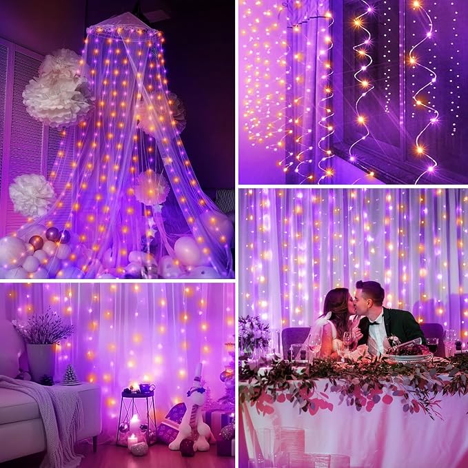 Minetom Curtain Lights, 300 LED Dimmable Fairy Lights with Remote and Timer, 8 Modes, USB Powered String Lights for Room Wall Party Xmas Indoor Decor, Purple & Orange