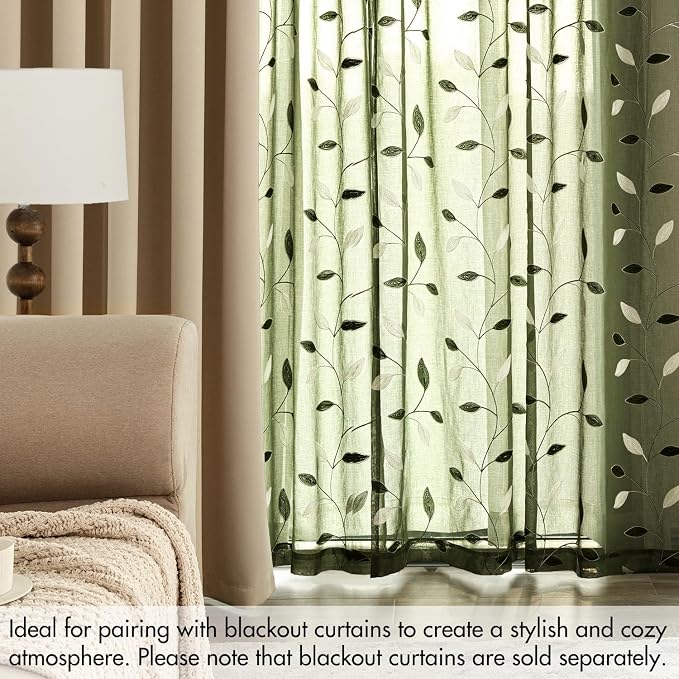 MIULEE Olive Green Sheer Curtains 2 Panels Embroidered Leaf Patterned Rod Pocket Floral Semi Faux Linen Window Curtains Drapes Set for Living Room Bedroom Dining Room, 52x63 Inches Long