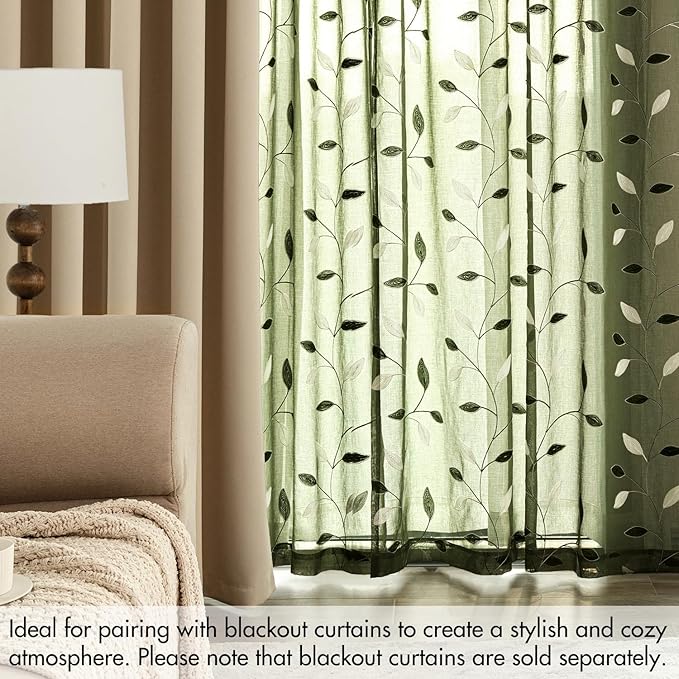 MIULEE Olive Green Sheer Curtains 2 Panels Embroidered Leaf Patterned Rod Pocket Floral Semi Faux Linen Window Curtains Drapes Set for Living Room Bedroom Dining Room, 52x84 Inches Long