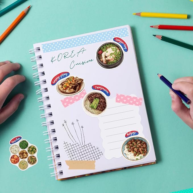 Navy Peony Authentic Korean Food Stickers (28 pcs) - Hand-Illustrated, Seoul, Culinary Stickers for Scrapbooking, Cookbooks, Journals and Laptops