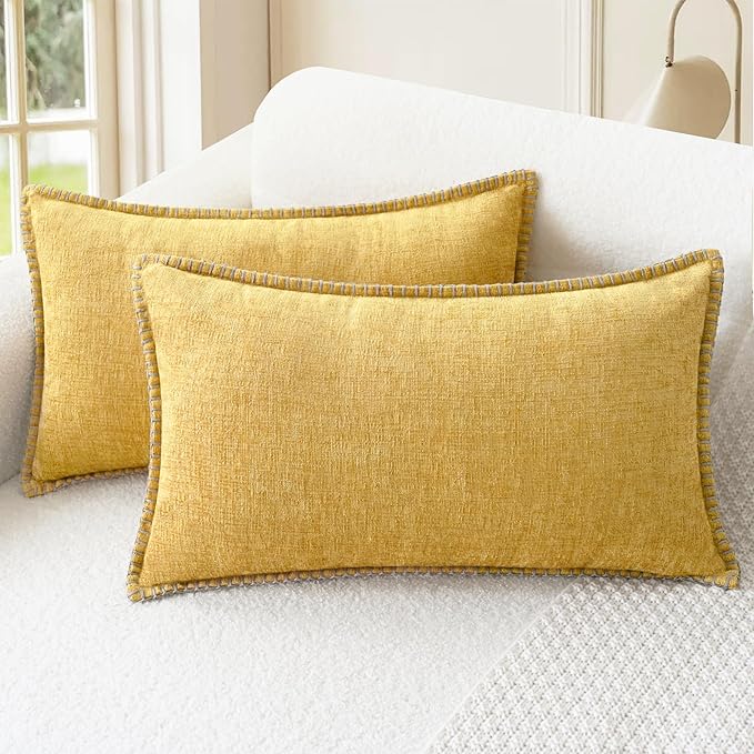 CaliTime Decorative Couch Throw Pillow Covers 20 X 12 Inches Gold | Pack of 2, Cozy Chenille Cushion Cases, Cotton Thread Stitching Edges, for Sofa Bed Living Room Farmhouse