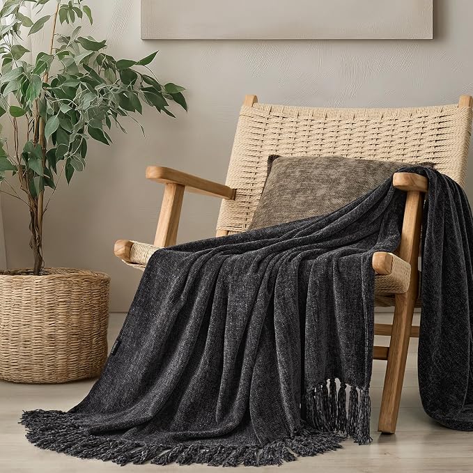 Chenille Knit Throw Blanket for Couch, 60"x80", Iron Black | Cozy Plush Fuzzy Knittd Throw with Tassels, Lightweight, Decorative, Farmhouse Decor, Ideal for Bed Sofa Gift, All Seasons