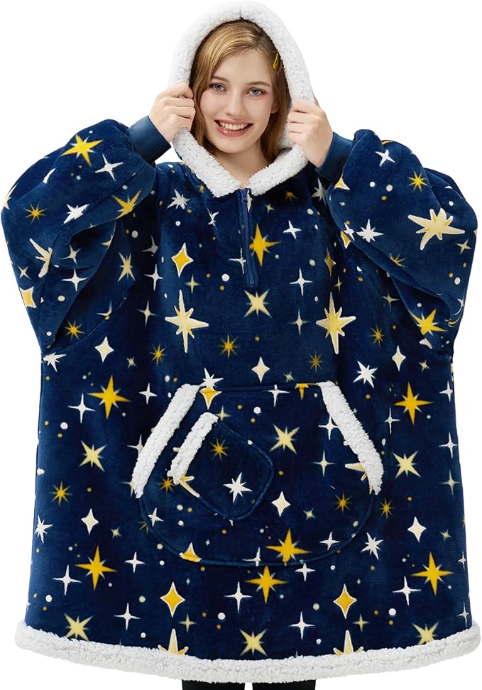 Giggling Getup Wearable Blanket Hoodie for Adults Gifts for Teen Girls Sister Women Sherpa Fleece Printed Hooded Blanket Sweatshirt Warm Cozy with Pocket & Sleeves Dark Blue Glowing Stars