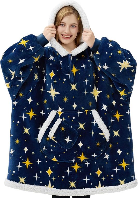 Giggling Getup Wearable Blanket Hoodie for Adults Gifts for Teen Girls Sister Women Sherpa Fleece Printed Hooded Blanket Sweatshirt Warm Cozy with Pocket & Sleeves Dark Blue Glowing Stars