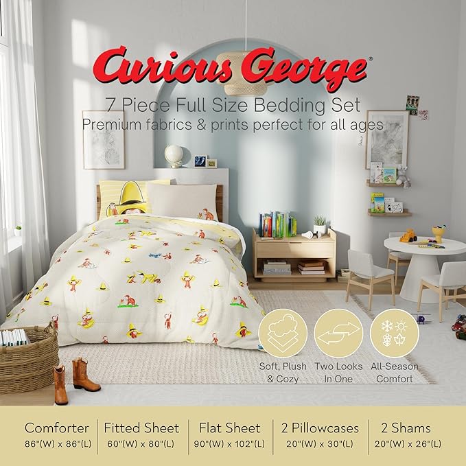 Curious George Bedding Set, Full Size 7 Piece Set Kids Super Soft Cozy Reversible Comforter and Sheet Set with Sham, (100% Officially Licensed Product) by Franco
