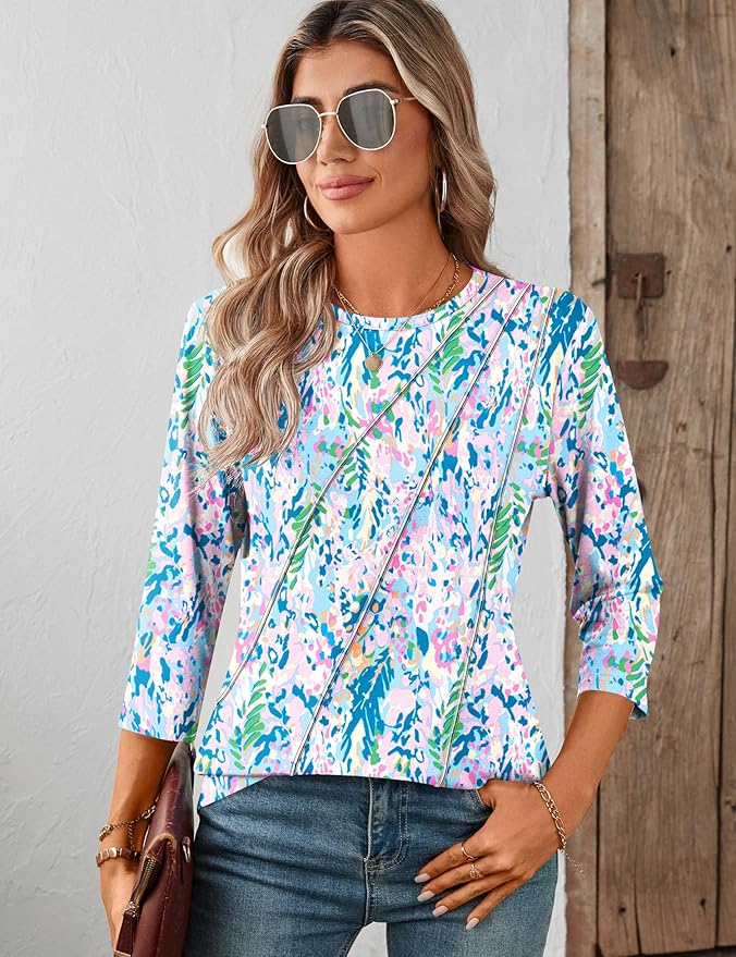 LOMON 3/4 Length Sleeve Womens Tops Spring Summer Fashion 2026 Tops Crew Neck Pleated Shirts Tunic Top Loose Fit