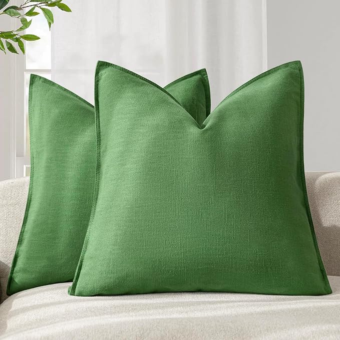 Foindtower Pack of 2, Decorative Linen Solid Throw Pillow Covers Soft Accent Euro Cushion Case Boho Farmhouse Pillowcase for Chair Couch Sofa Bedroom Living Room Home Decor 20 x 20 Inch Forest Green