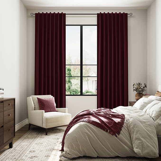 Guken Burgundy 100% Blackout Linen Curtains 102 Inch Length 2 Panels Set for Living Room Bedroom Back Tab Thermal Insulated Black Out Drapes Room Darkening Farmhouse Style for Bedroom Window Curtains
