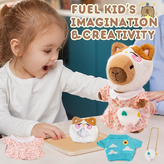 Capybara Plush with 10 Pcs Clothes & Accessories,Christmas Stuffed Animals, 10.2 in Cute Capybara Plush Toys,Birthday Gifts&Dress Up Cute Plushies for Boys/Girls (Summer-A)
