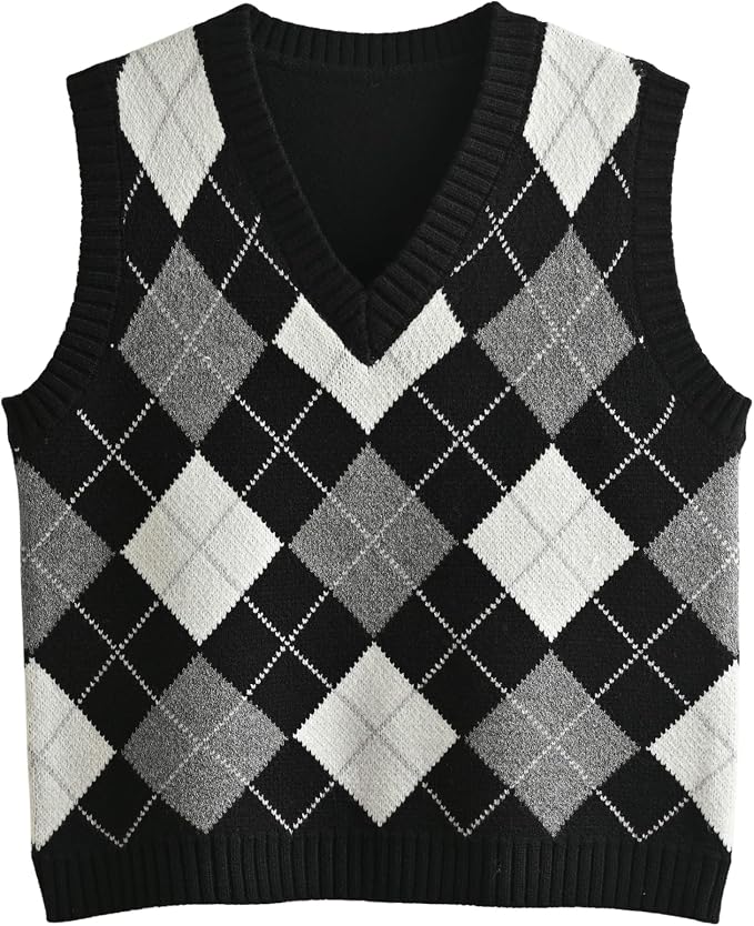 Women's Sweater Vest,Y2K Sleeveless Pattern Preppy Style Knitted Crop Tank Top for Girl