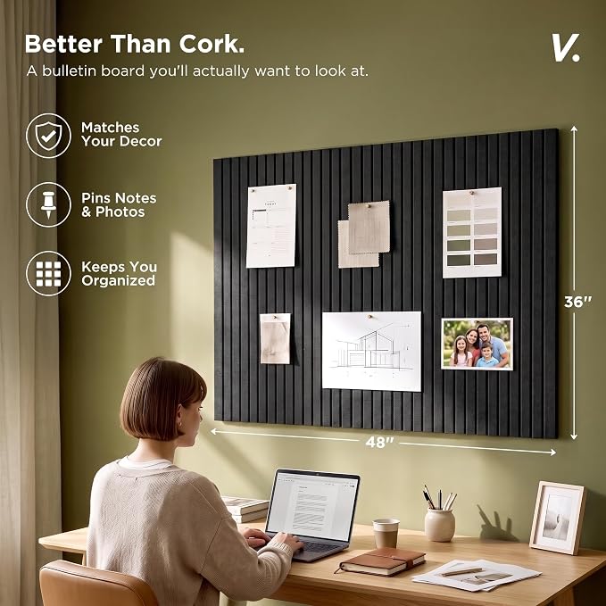 Large Felt Bulletin Board 48 x 36 Inch - 12-Pack Square Acoustic Wall Panels, Cork Board Alternative, NRC 0.95, Damage-Free Adhesive, Slatted Design for Home, Classroom (Black)