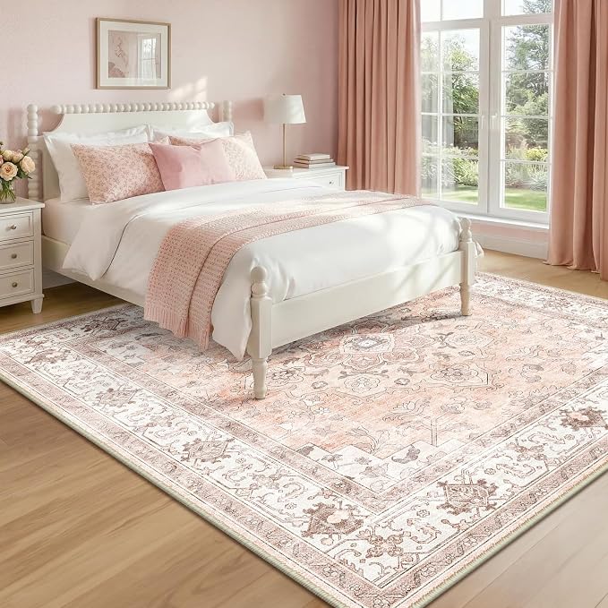 CAPALOCA Square 8ft Washable Nursery Girls Low Pile Area Rug Pink | Non-Slip Soft Rugs for Bedroom Kids Playroom Living Room, Print Pattern Water Repellent Carpet Indoor Decor