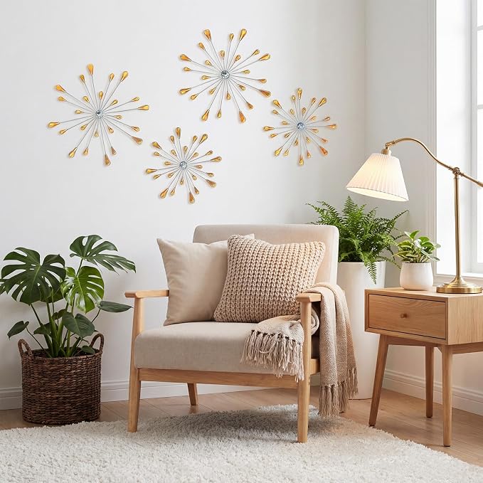 ZEXUIRU 4 Set Silver Starburst Wall Art for Home Decor Metal Bling Crystal Rhinestones Sunburst Wall Decor Sparkling Rhinestone Art Accent -Orange 13in/11.8in/9.8in/9.8in