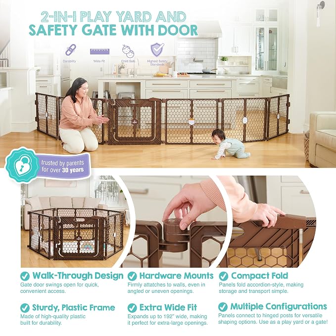 Regalo Safety 192” Super Wide 2-in-1 Baby Gate & Play Yard with Door, Adjustable 6-Panel Plastic Safety Gate for Doorways & Large Openings, Hardware Mounted Baby & Pet Gate, Brown
