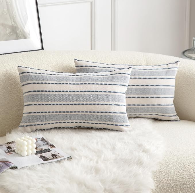 Cethom Decorative Boho Lumbar Throw Pillow Covers, Farmhouse Textured Pillow Case, 12 x 20 Inch Set of 2, Chair Sofa Bedroom Living Room Home Decor Couch Cushion Case, Classic Blue and Beige