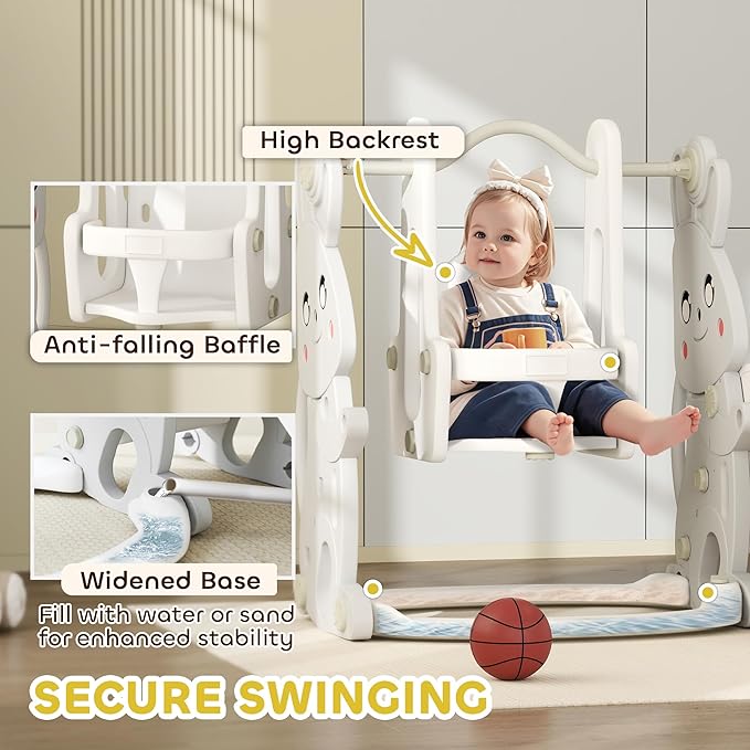 Qaba 4 in 1 Toddler Slide and Swing Set, Kids Playset for Ages 1.5-4, Rabbit Themed Children Slide Playground with Climber, Basket Hoop, for Indoor Outdoor Backyard, Gray