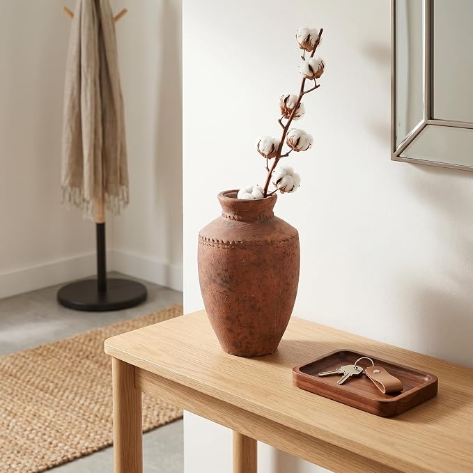Terracotta Vase, 10 Inch Large Ceramic Flower Vases Rustic Farmhouse Pottery Vase for Home Decor Fireplace Entryway Kitchen Living Room Shelf Mantle Table Decor Brown