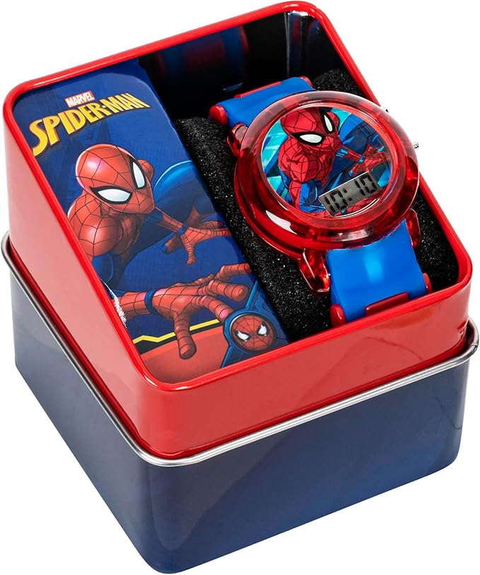 Marvel Spider-Man Kids' LCD Watch – Flashing LED Bullet Band, Digital Time Display, Red & Blue Design, Durable Plastic Case, Adjustable Silicone Strap – Fits Wrists 5.5" to 8"